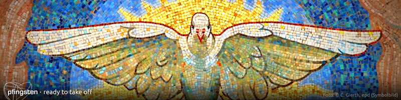 Banner "Pfingsten": Motiv: Farbenfrohes Mosaik der Pfingst-Taube, welche den Heiligen Geist symobisiert. Text: "Pfingsten: Ready to take off"