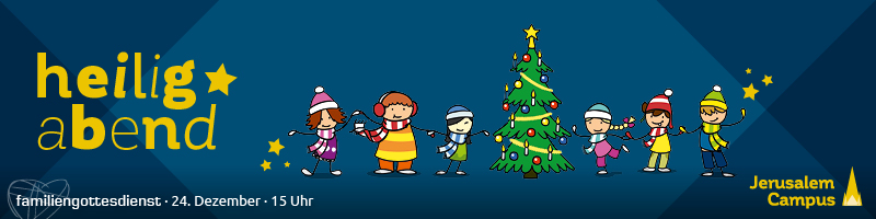 Banner "Familiengottesdienst an Heiligabend": Jerusalem-Campus-Design mit illustrierter Kindergruppe um einen Weihnachtsbaum herum